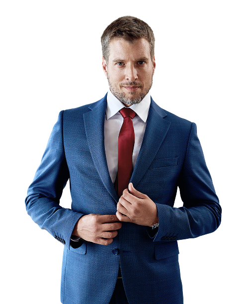 Man in blue suit and red tie, buttoning his jacket, looking directly at the viewer.