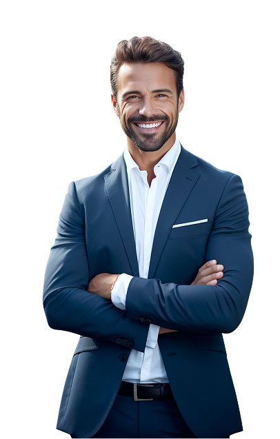 Man in blue suit and red tie, buttoning his jacket, looking directly at the viewer.
