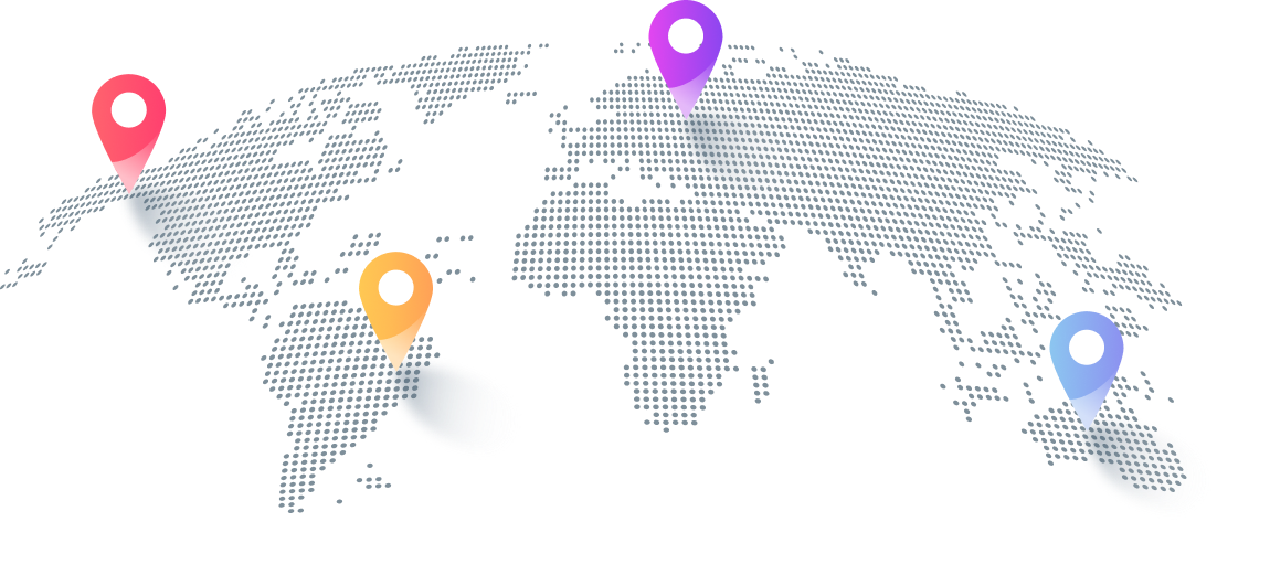 World map with colored location markers indicating different global locations.