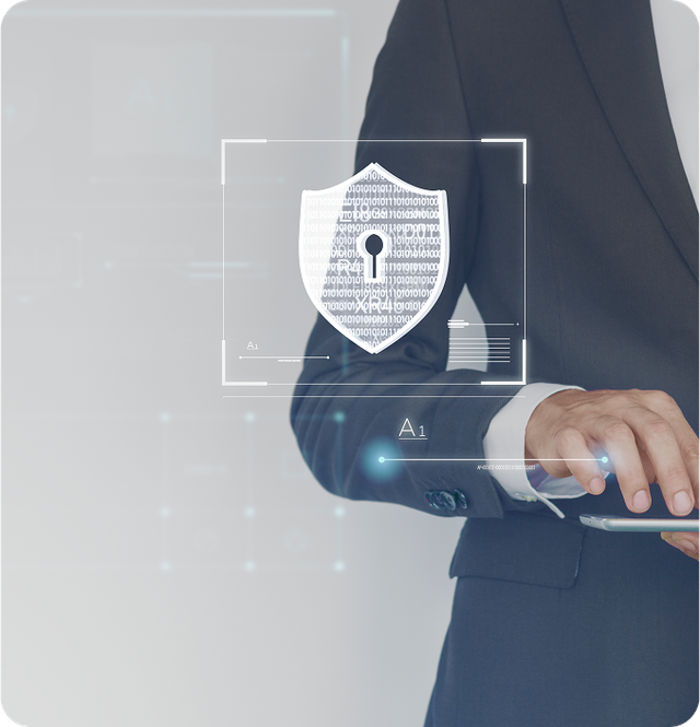 Person typing on a laptop with transparent checklist icons overlaid, one marked complete.