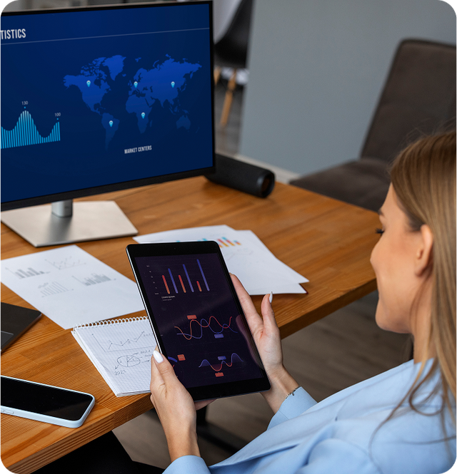 Person typing on a laptop with transparent checklist icons overlaid, one marked complete.