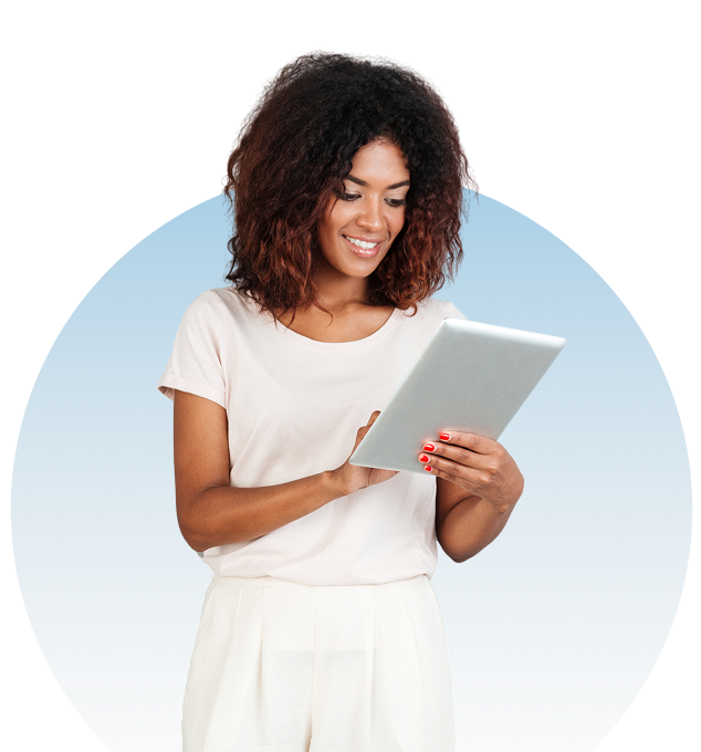Man and woman smiling, in business attire, set against a light blue gradient background.
