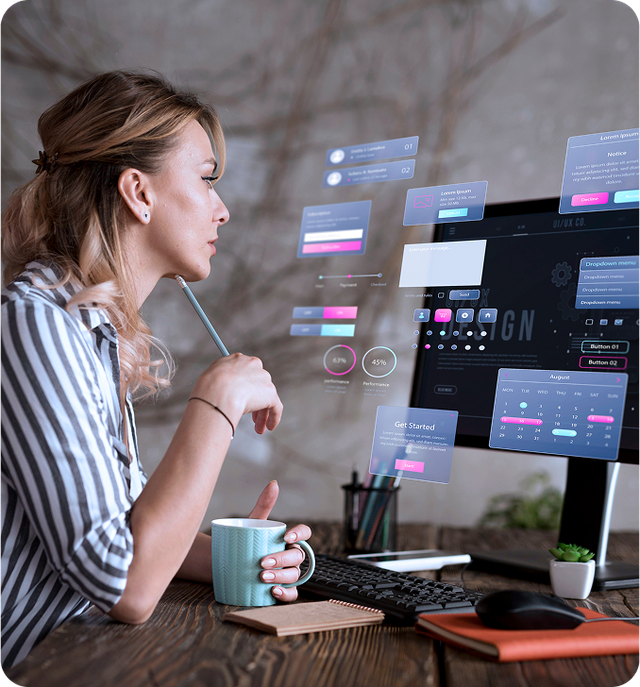 Person typing on a laptop with transparent checklist icons overlaid, one marked complete.