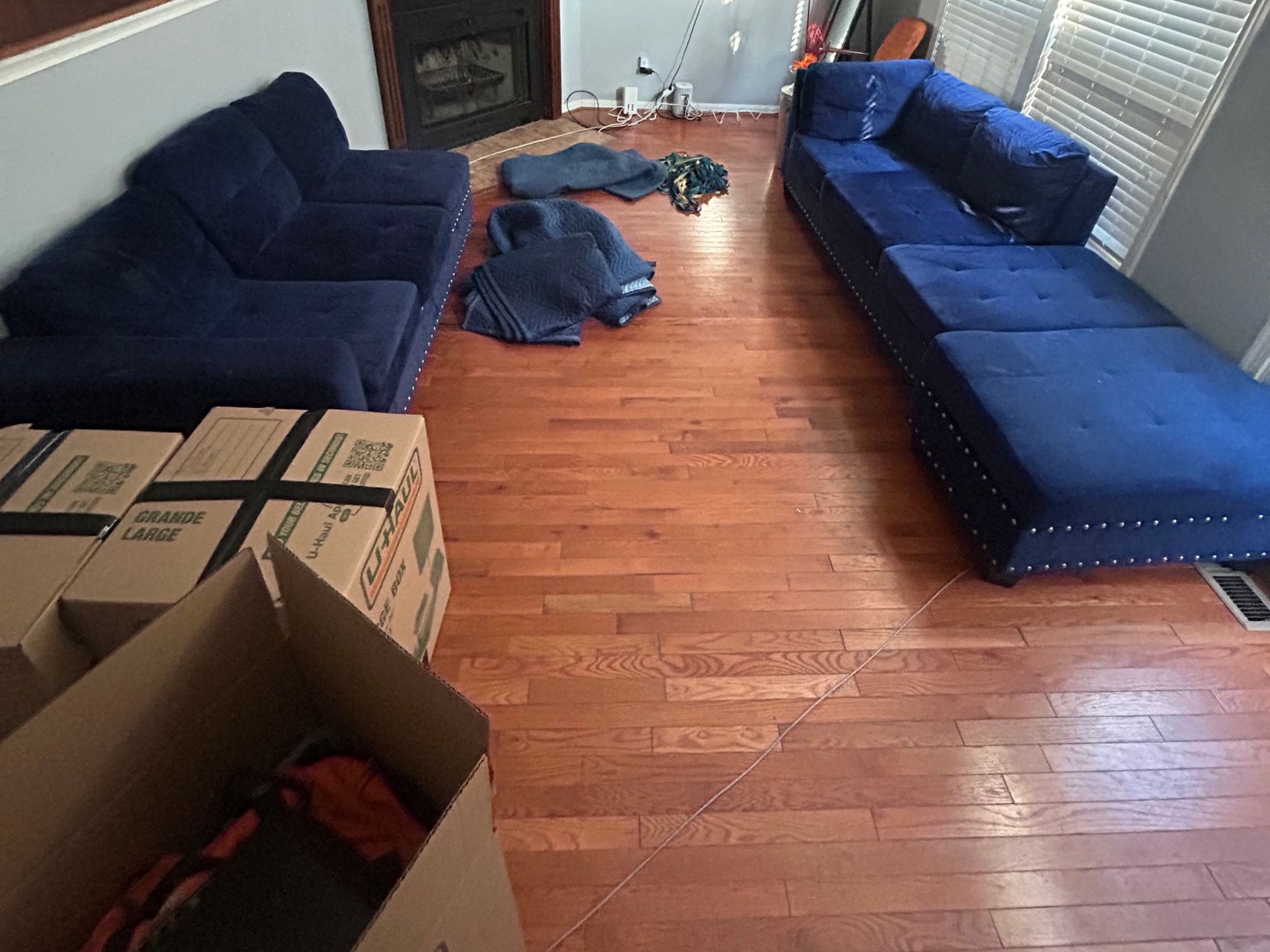 A living room with hardwood floors, two blue velvet couches, and cardboard boxes.