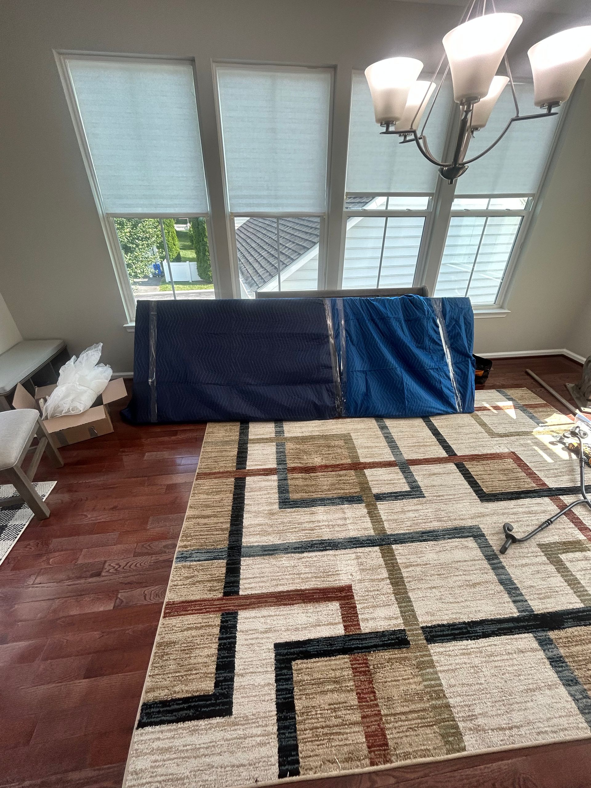 A living room with a rug and a couch wrapped in plastic.