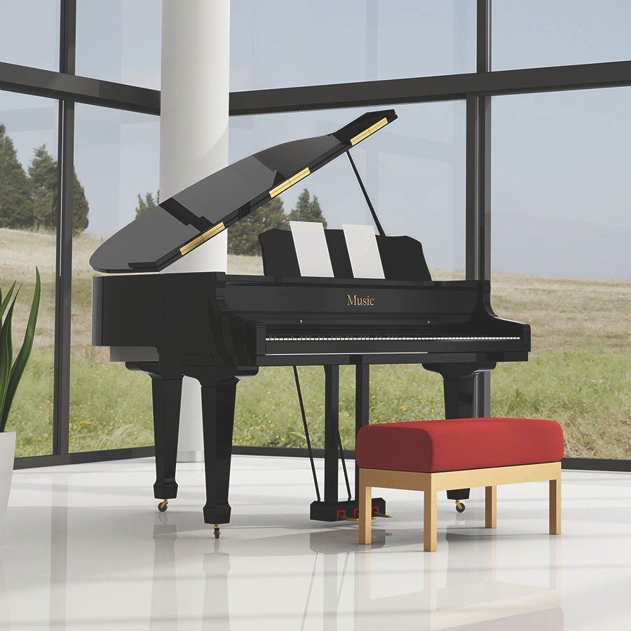 A black grand piano with a red bench sits in a bright room with a scenic view.