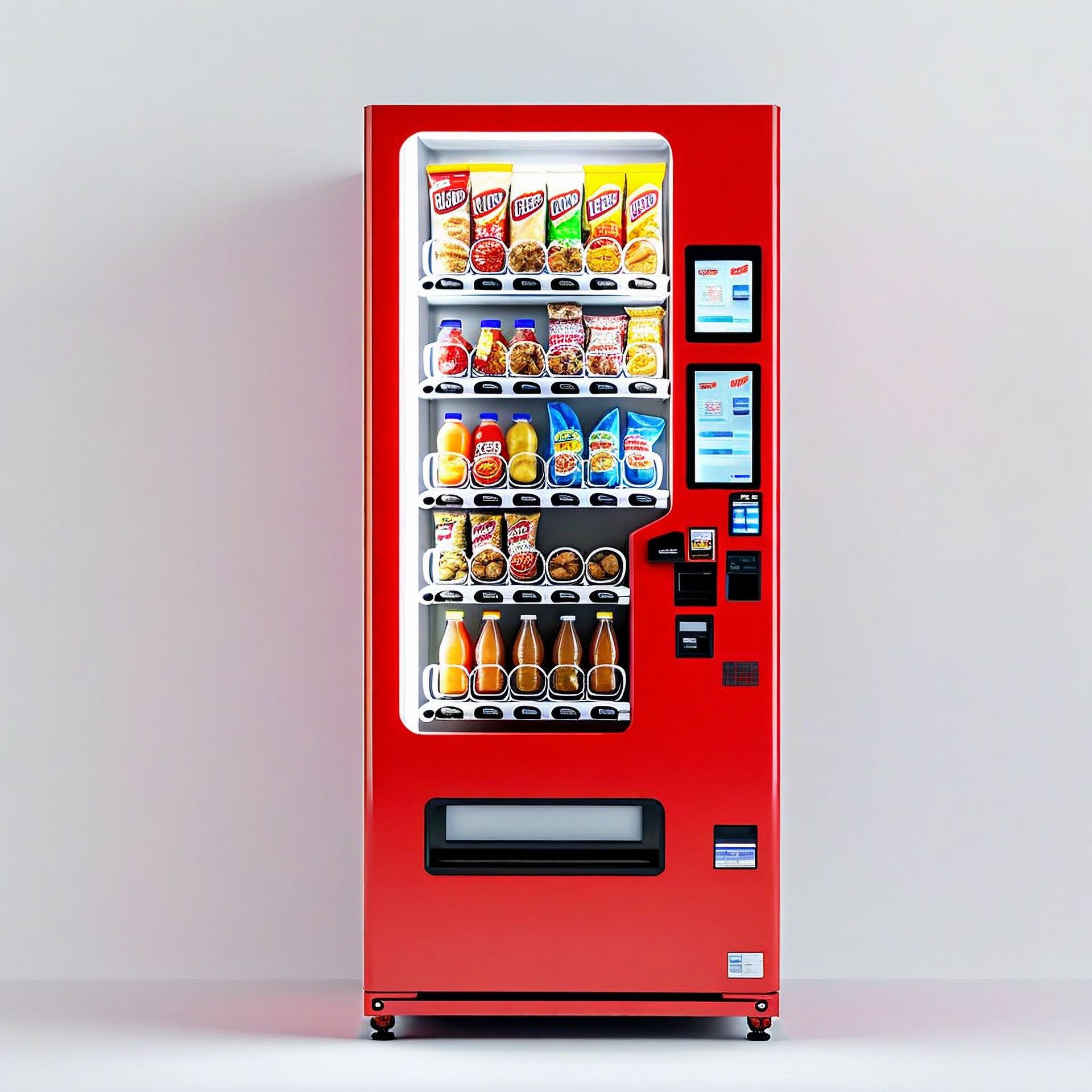Red vending machine against a white wall; displays snacks, drinks, and a payment terminal.