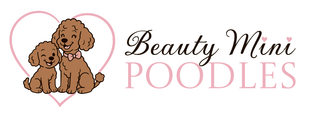 Logo featuring two brown poodles - a mom and a puppy - within a pink heart, next to