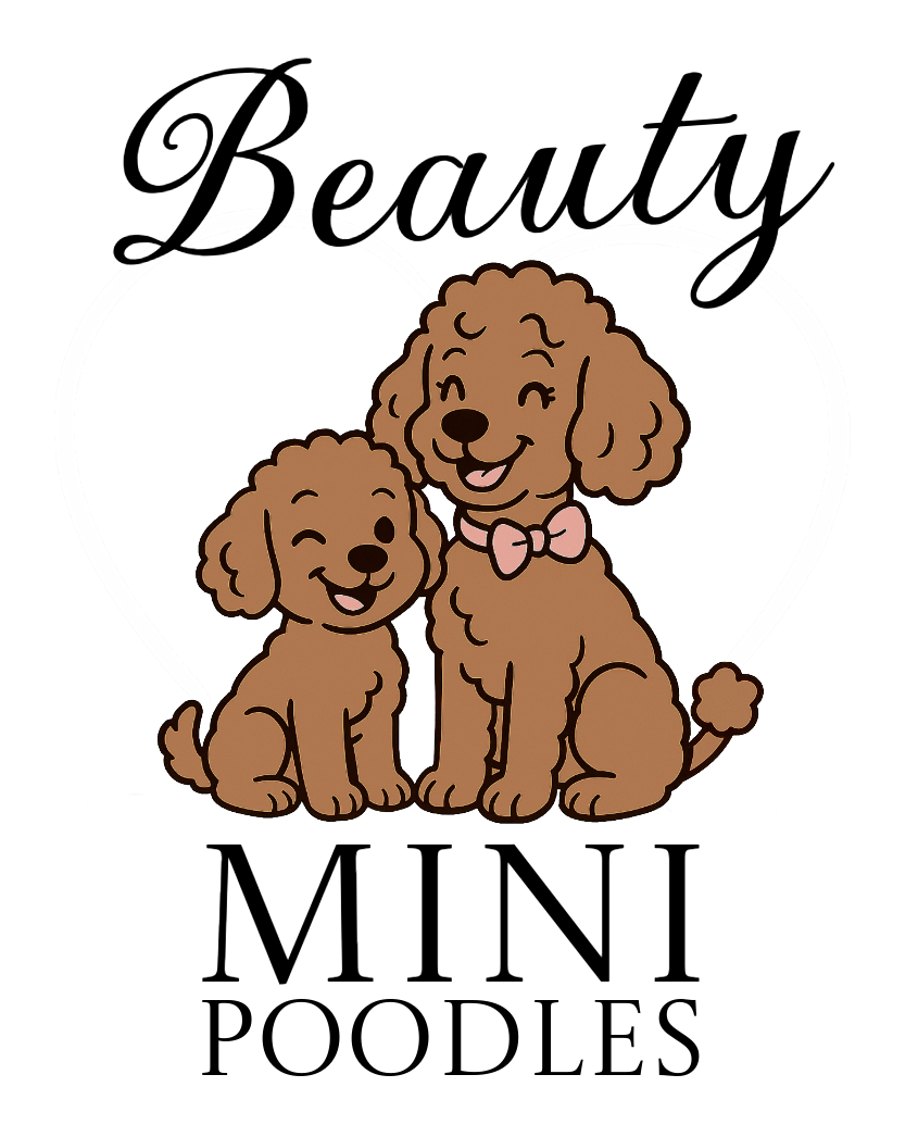 Logo featuring two brown poodles - a mom and a puppy - within a pink heart