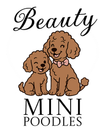 Logo featuring two brown poodles - a mom and a puppy - within a pink heart