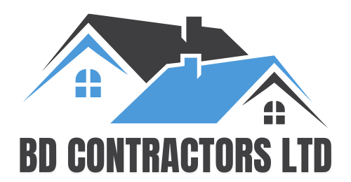 The logo for bd & son roofing shows a house with two roofs.