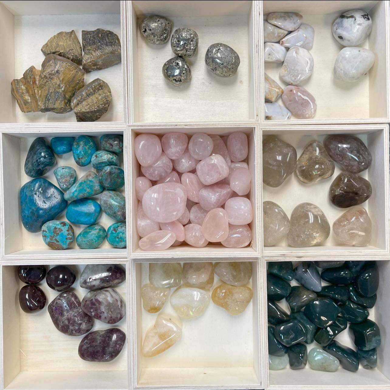A variety of rocks and stones are displayed in boxes