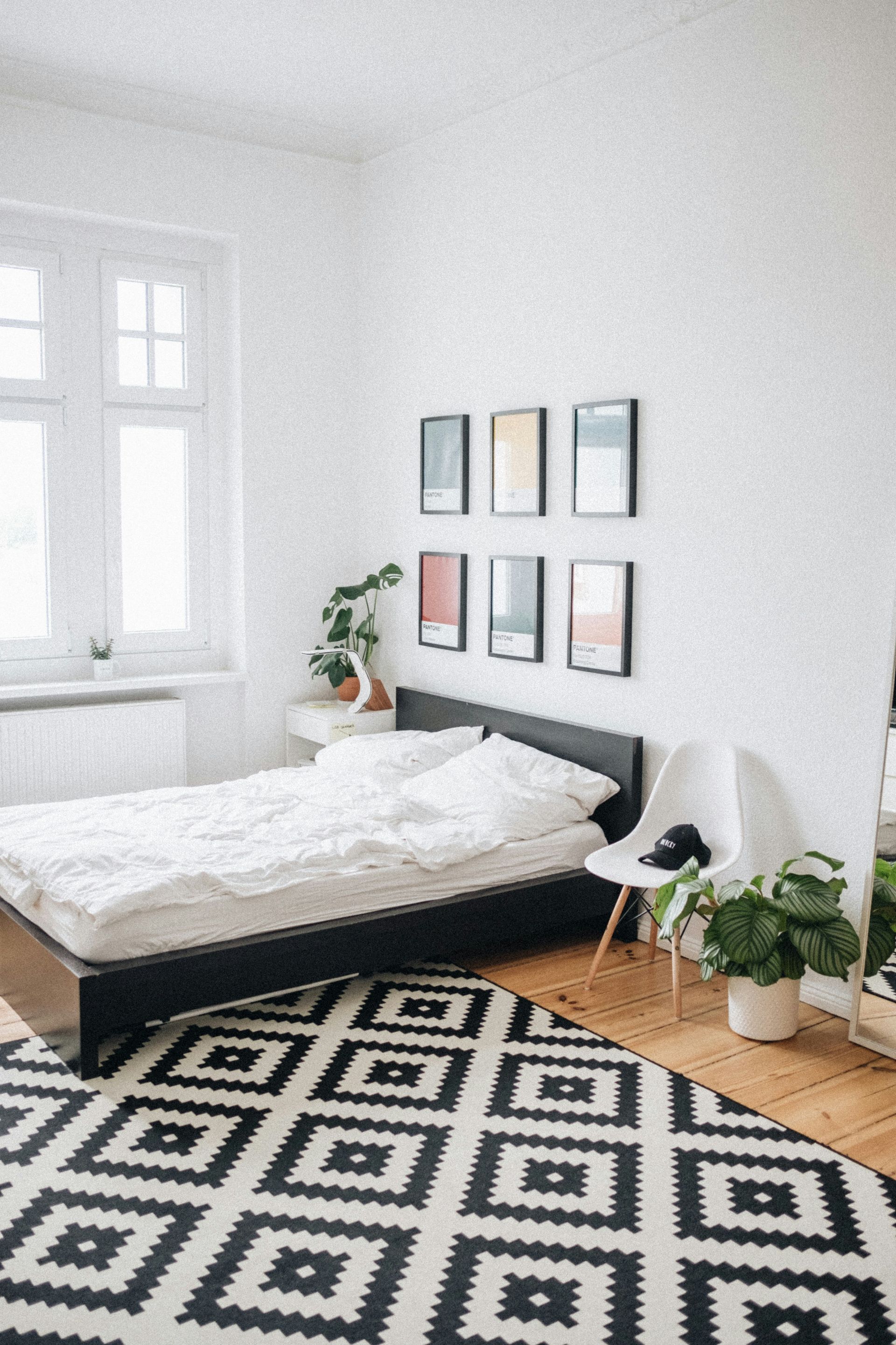 Bedroom with black bed, patterned rug, white walls, and framed art.