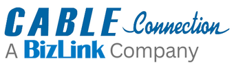 A blue and white logo for cable connection