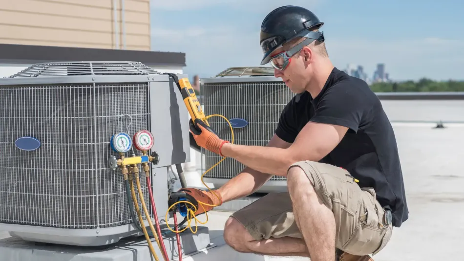 HVAC technician in safety gear, inspecting a rooftop air conditioning unit with gauges, in a city setting.