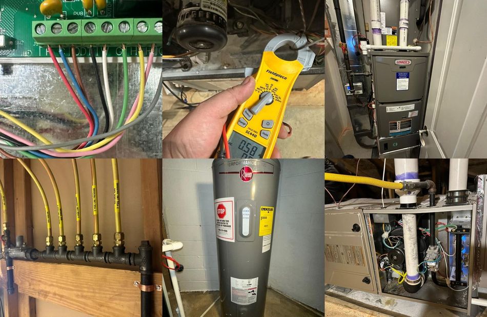 Hudson’s Heating & Air Conditioning - Collection of images showing HVAC and plumbing components: