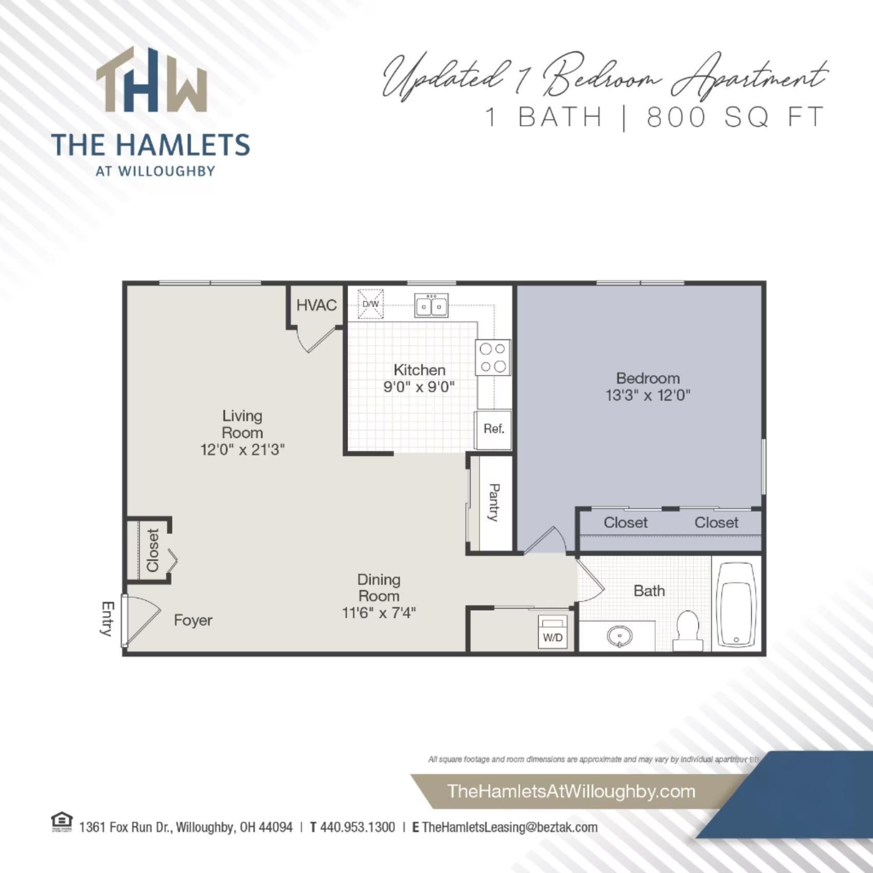 Floor plan of a 1-bedroom apartment at The Hamlets at Willoughby. Includes living room, kitchen, dining room, and bedroom.