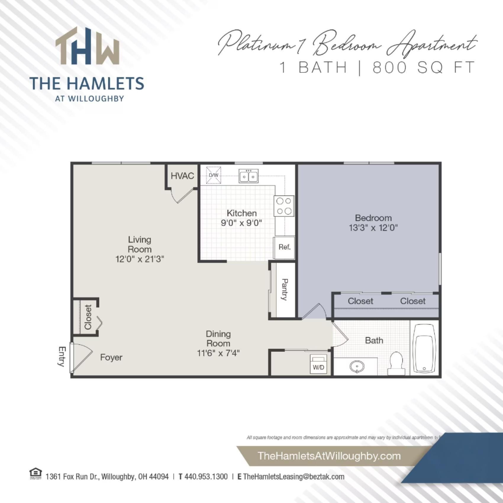 Floor plan of a Platinum 1-bedroom apartment at The Hamlets at Willoughby, with a kitchen, living area, and bedroom.