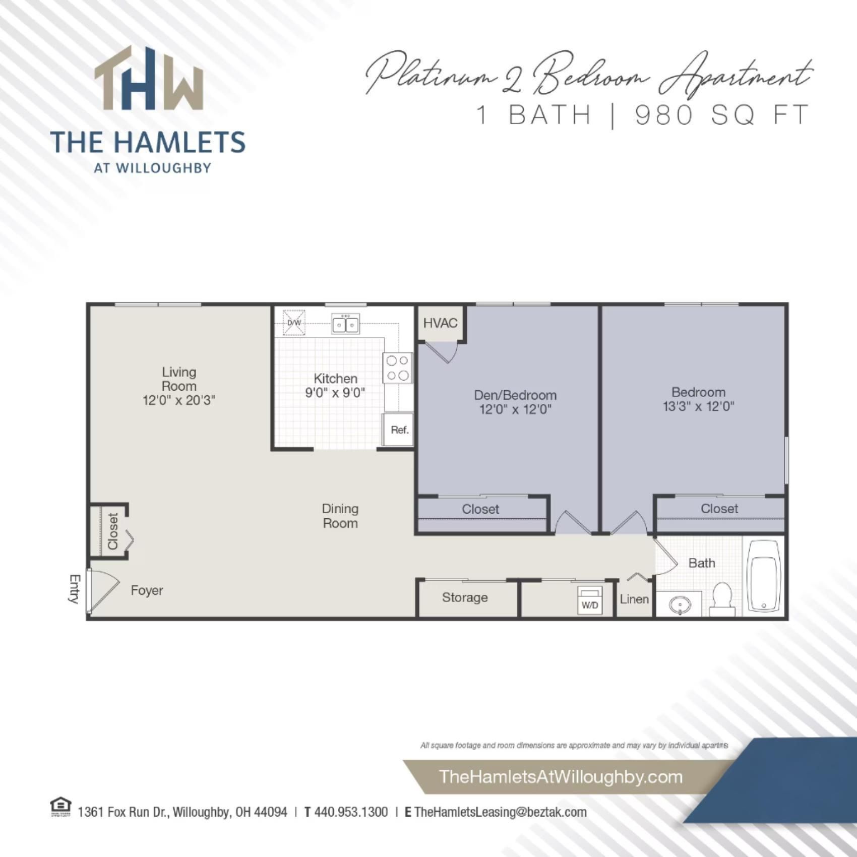 Floor plan of a platinum 2-bedroom apartment at The Hamlets at Willoughby, with 1 bath and 980 sq ft.