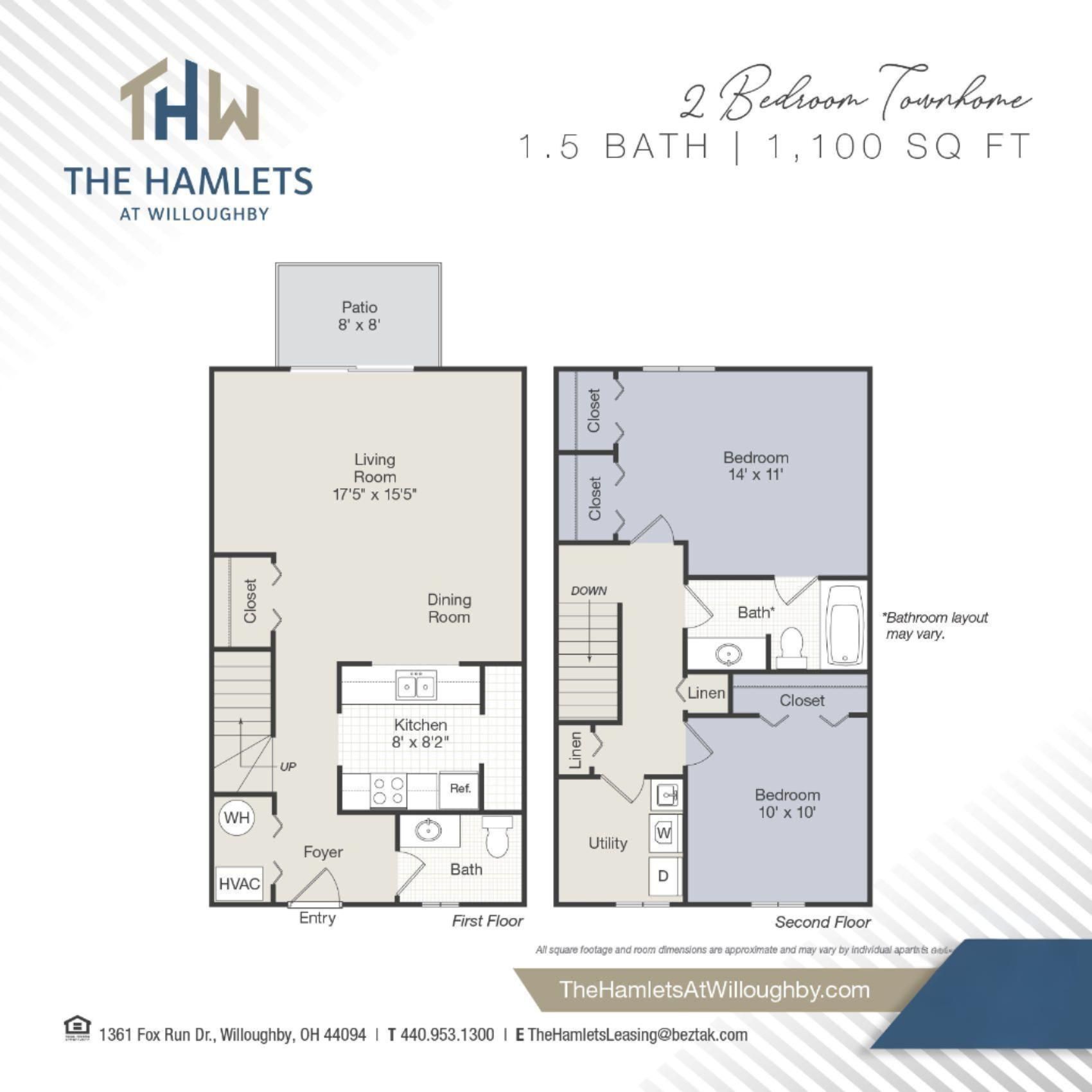 Floor plan of a 2-bedroom, 1.5-bath townhome. Includes room dimensions, patio, and two-story layout.