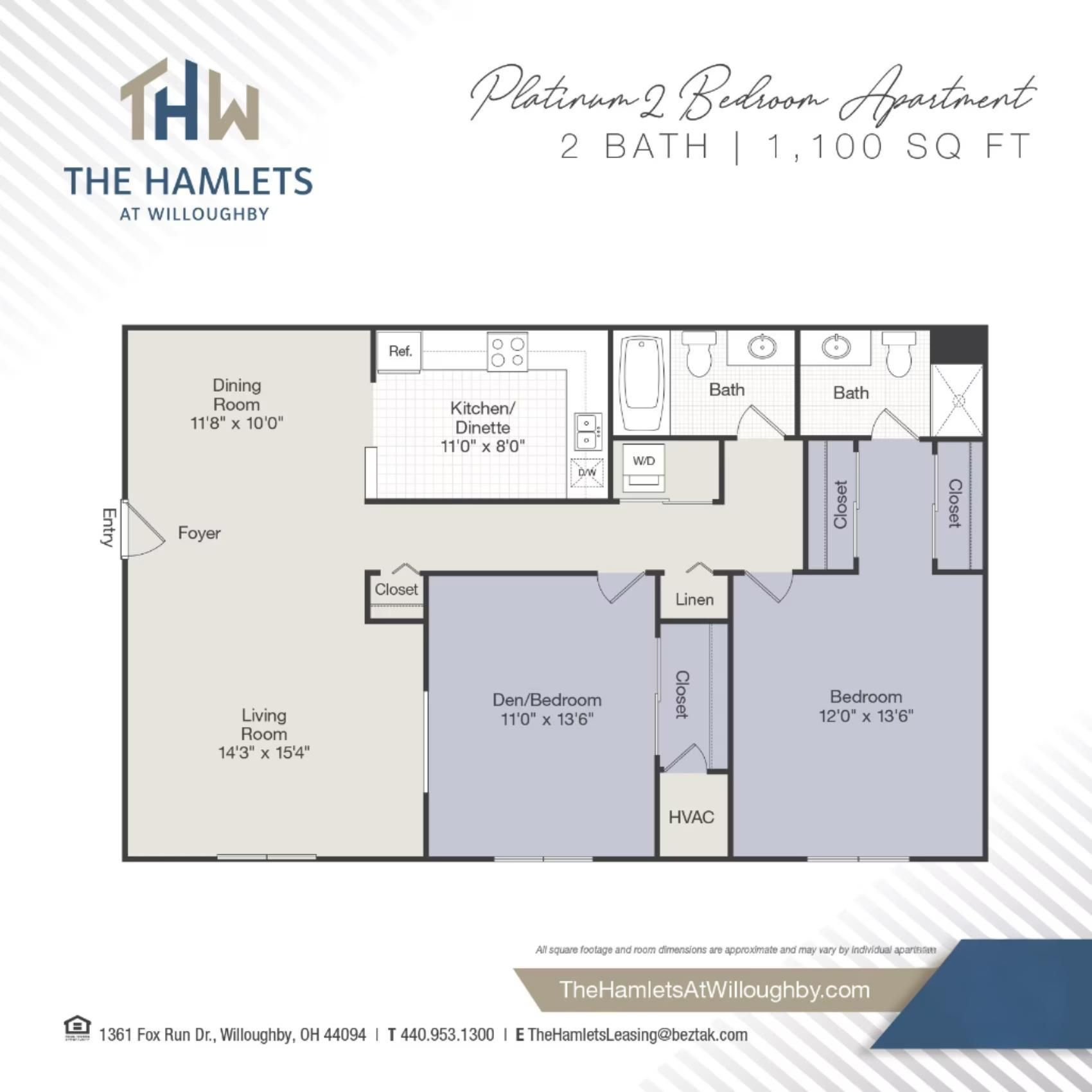 Floor plan for a Platinum 2-bedroom apartment at The Hamlets at Willoughby, with 2 baths and 1,100 sq ft.