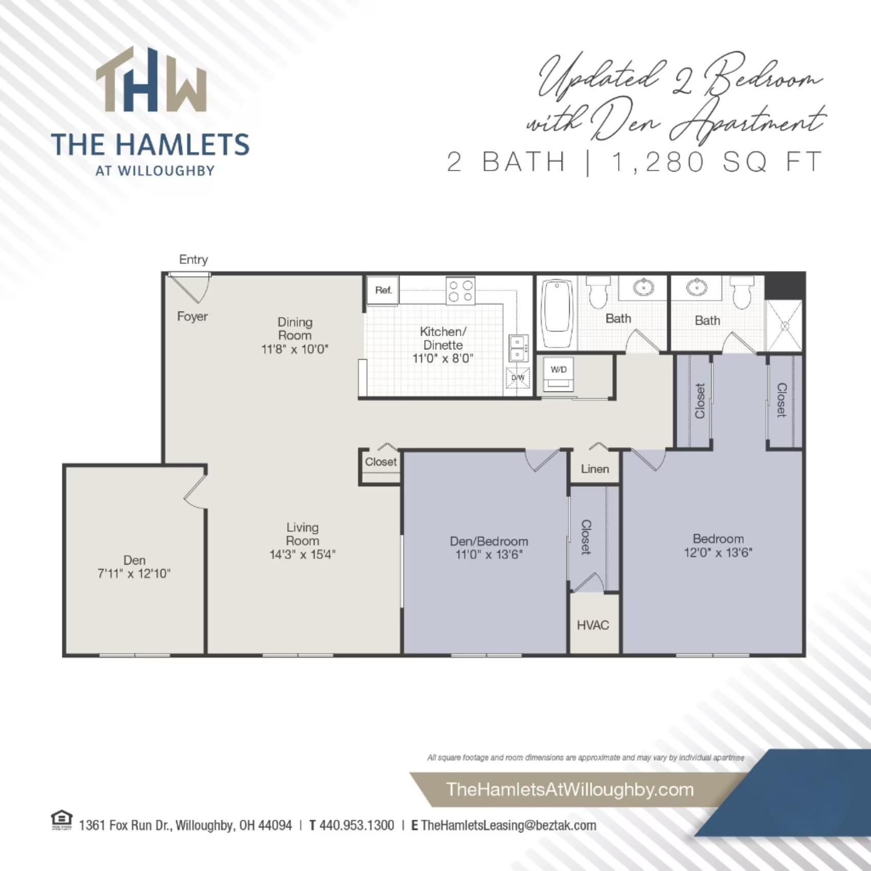 Floor plan for a 2-bedroom, 2-bath apartment at The Hamlets at Willoughby, featuring a den and 1,280 sq ft.
