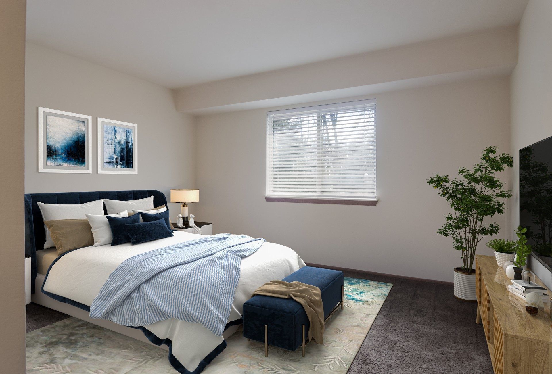 Bedroom with bed, art, window, and TV on a stand. Neutral colors, natural light.