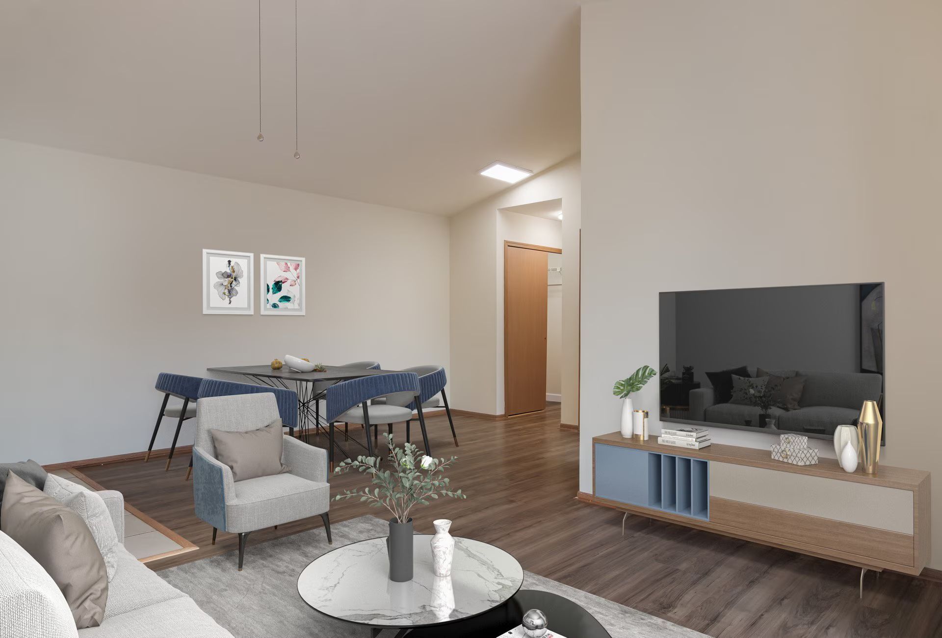 Living room with dining area, gray walls, TV, modern furniture, and a rug.