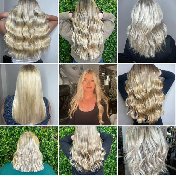 A collage of blonde women with different hairstyles