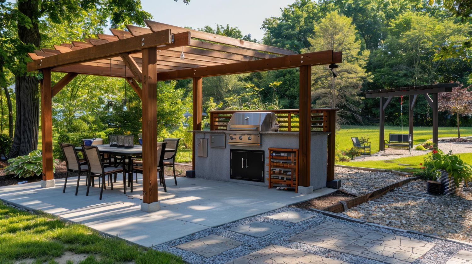 Outdoor kitchen with a wooden pergola, grill, dining area, and rock pathway.