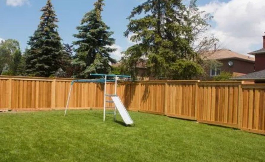 Wooden fence surrounds a grassy backyard with a swing set. Trees and houses are in the background under a blue sky.