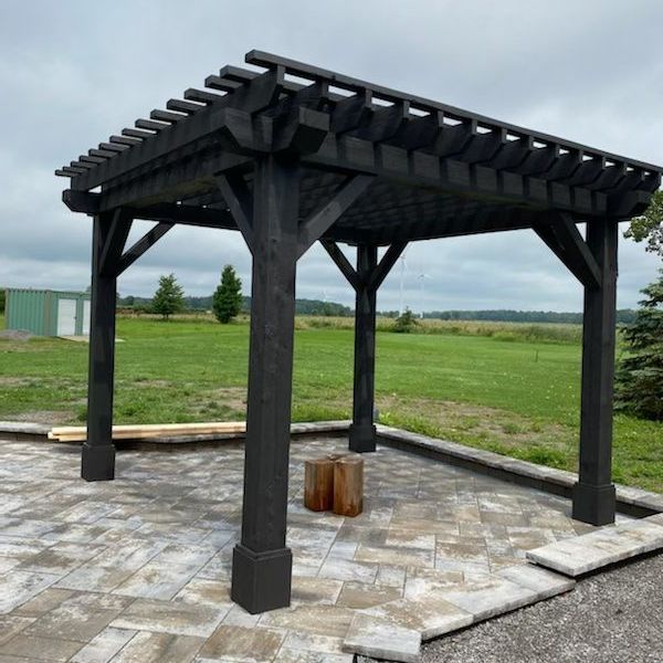 A black pergola is sitting on a brick patio in front of a grassy field