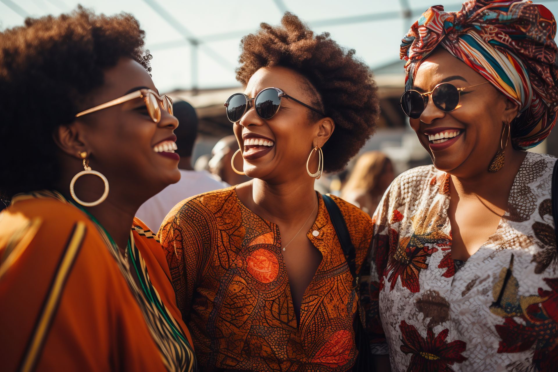 three women are standing next to each other and laughing .