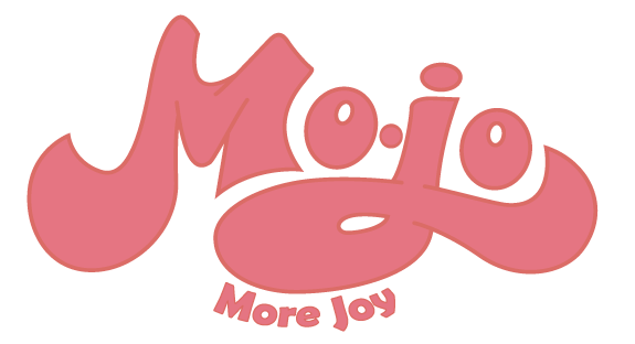 a pink logo for mojo more joy on a white background