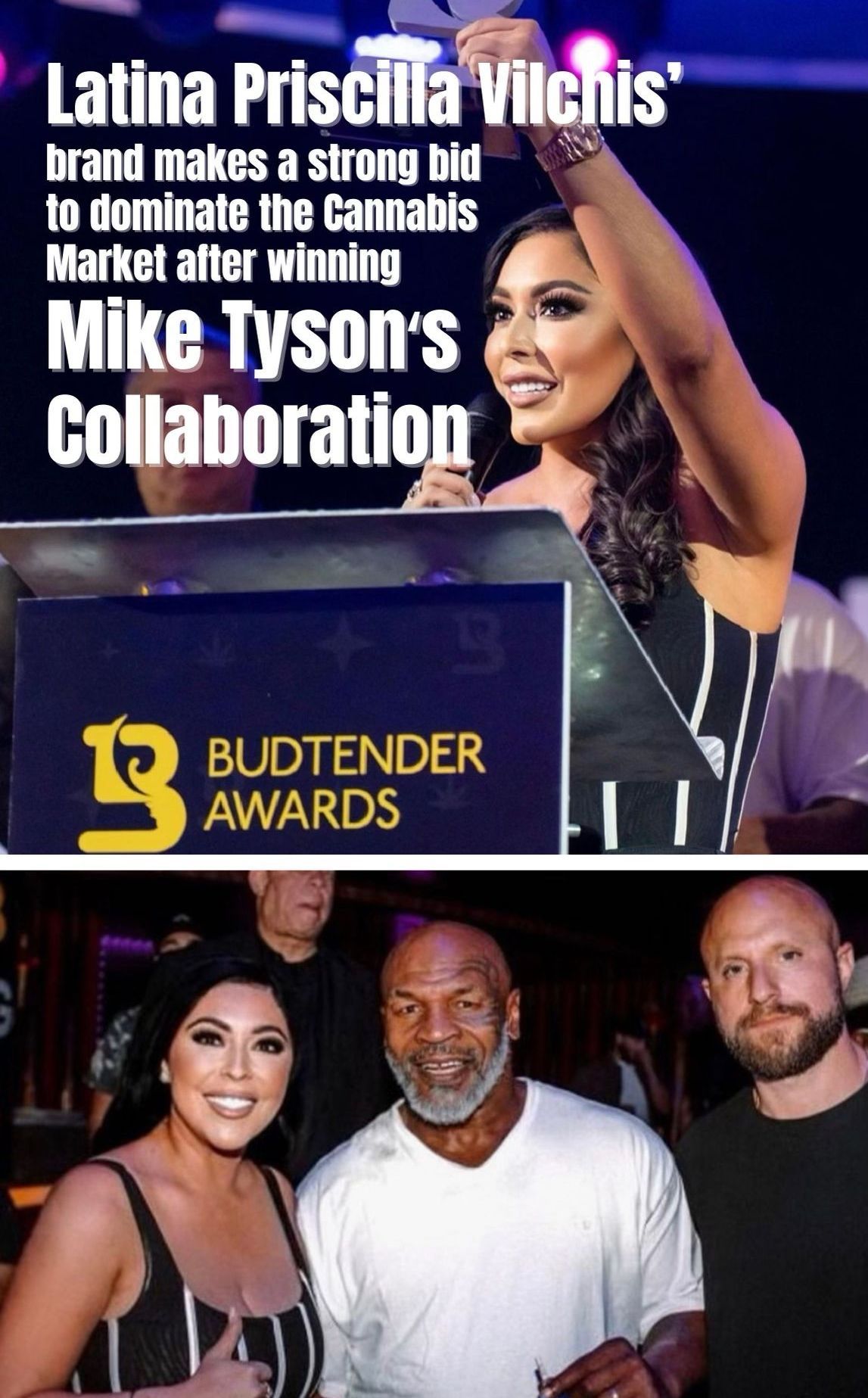 a woman is standing next to a man and a sign that says mike tyson 's collaboration