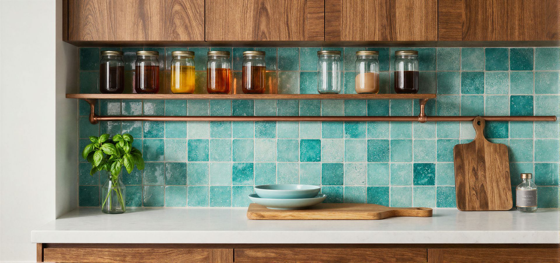 Teal tile kitchen backsplash with shelf of jars, plants, cutting boards, and stacked plates on a counter