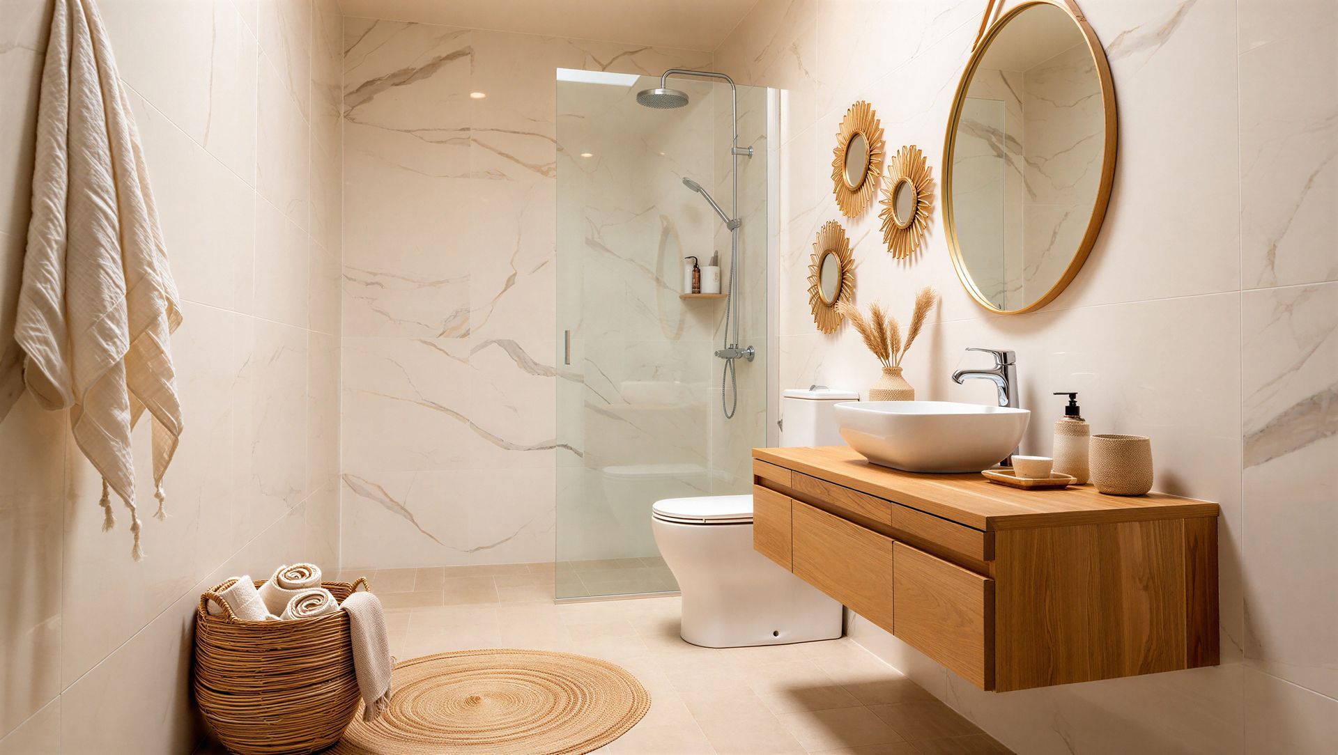 Modern beige bathroom with wooden vanity, round mirror, glass shower, woven baskets, and gold wall decor