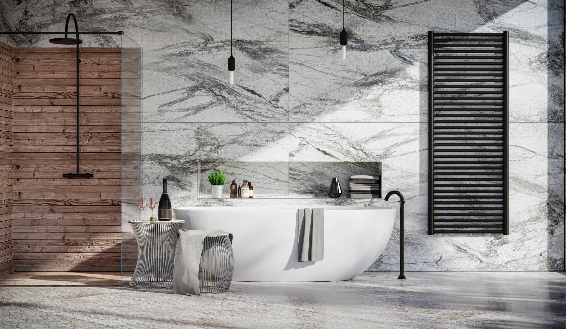 Modern marble bathroom with freestanding tub, black fixtures, wood shower wall, and towel ladder