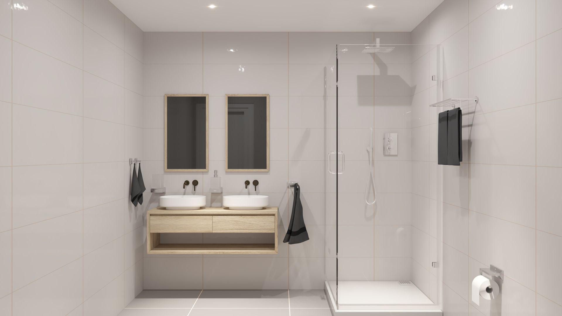 Modern white bathroom with walk-in shower, vanity, mirror, and recessed lighting