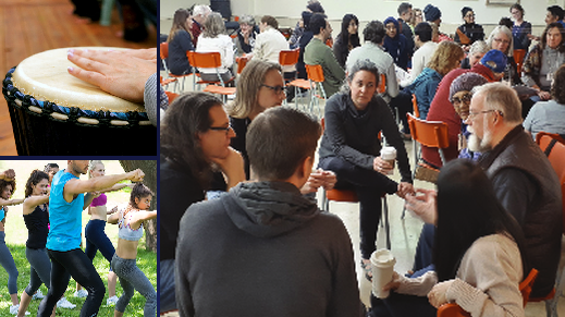 A group of people are putting their hands together in a circle.