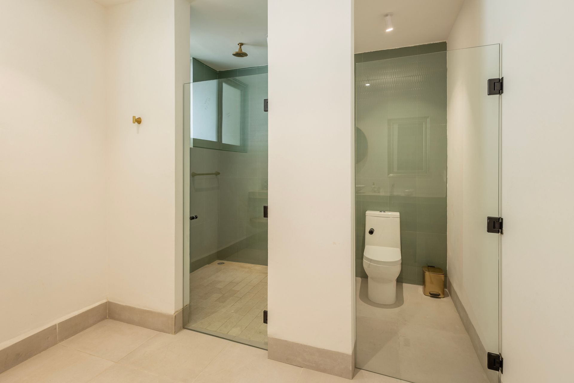 Bathroom with a toilet and a separate shower area, both enclosed with glass doors.