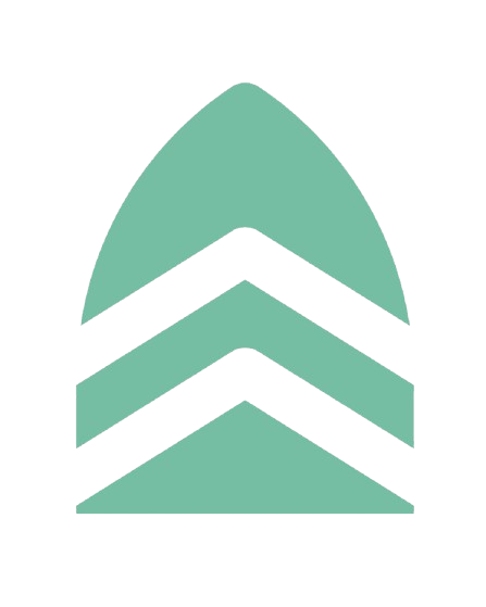 Green geometric logo: arched shape with two inverted chevrons inside.
