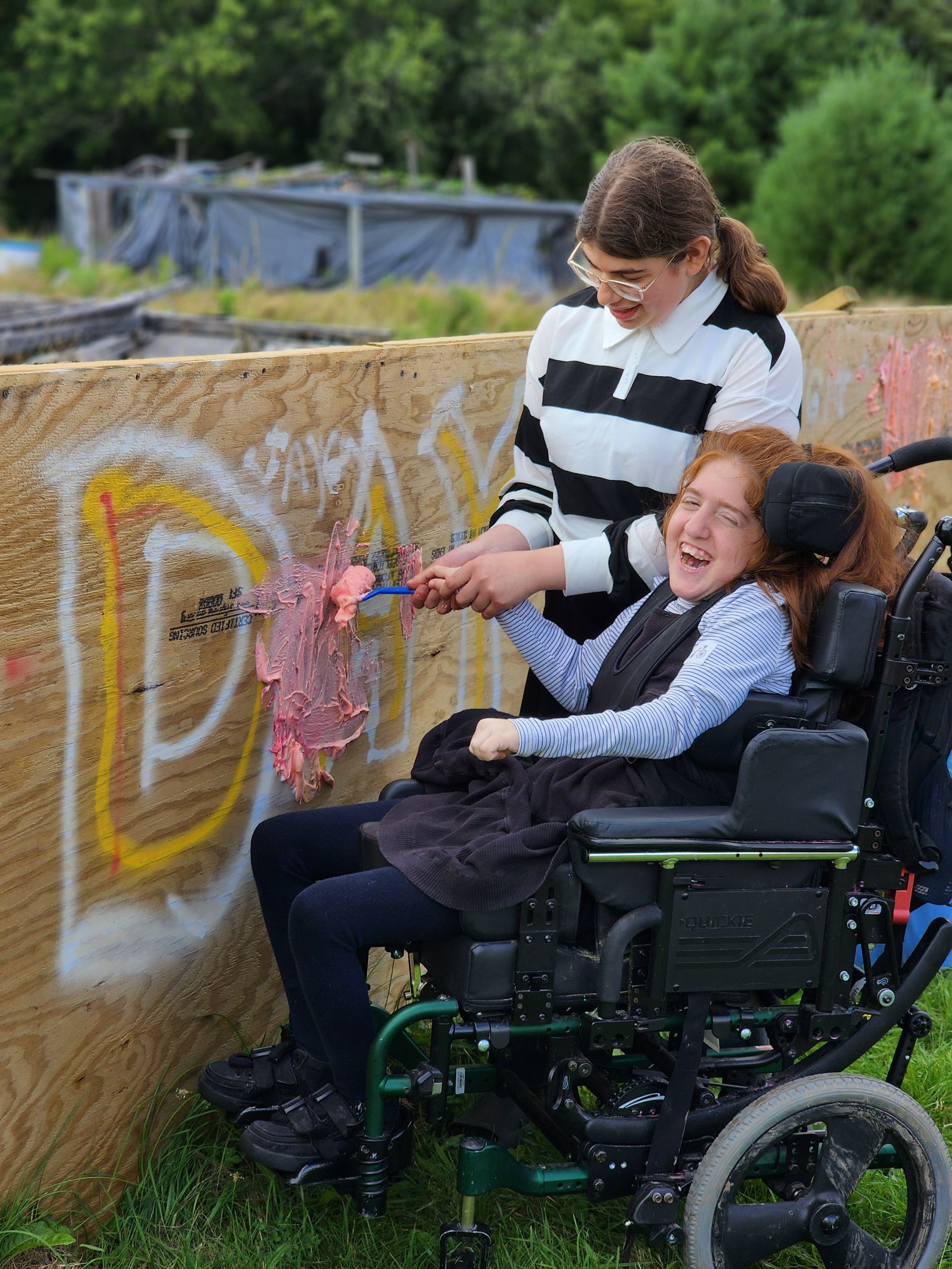 A girl in a wheelchair is painting on a wooden wall.