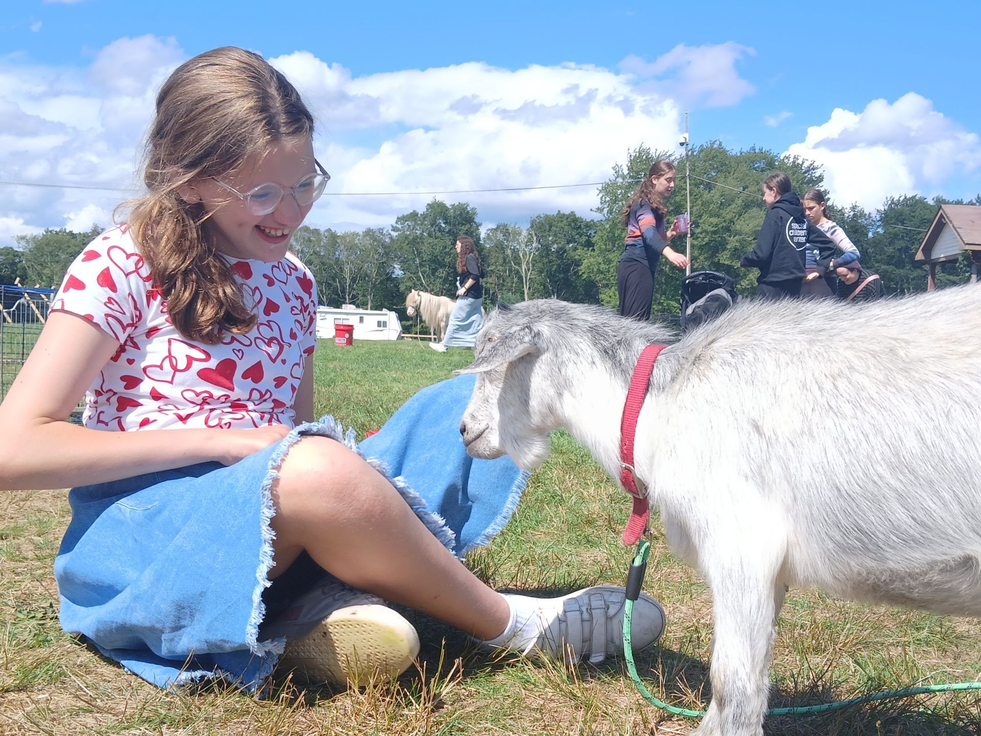 A girl is sitting in the grass with a goat on a leash