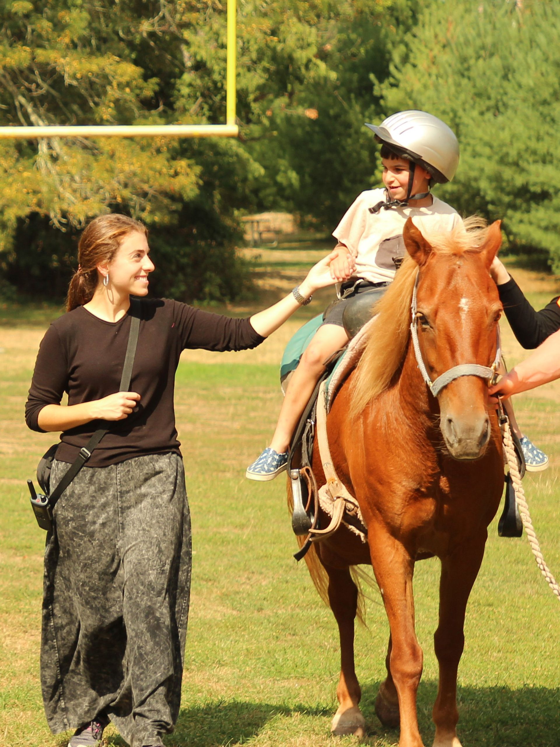 A young boy wearing a helmet is riding a brown horse.