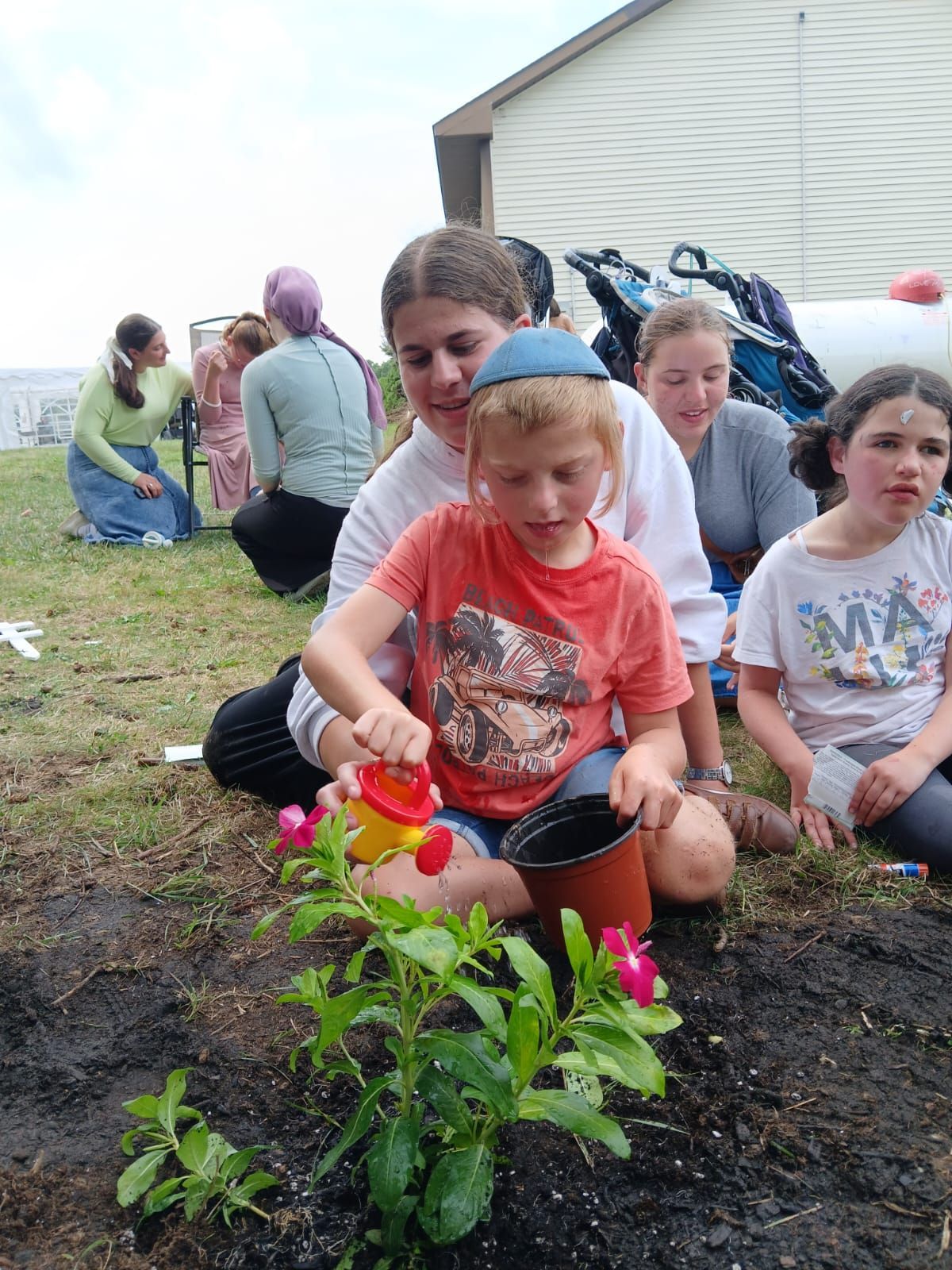 A group of children are sitting on the ground watering a plant.