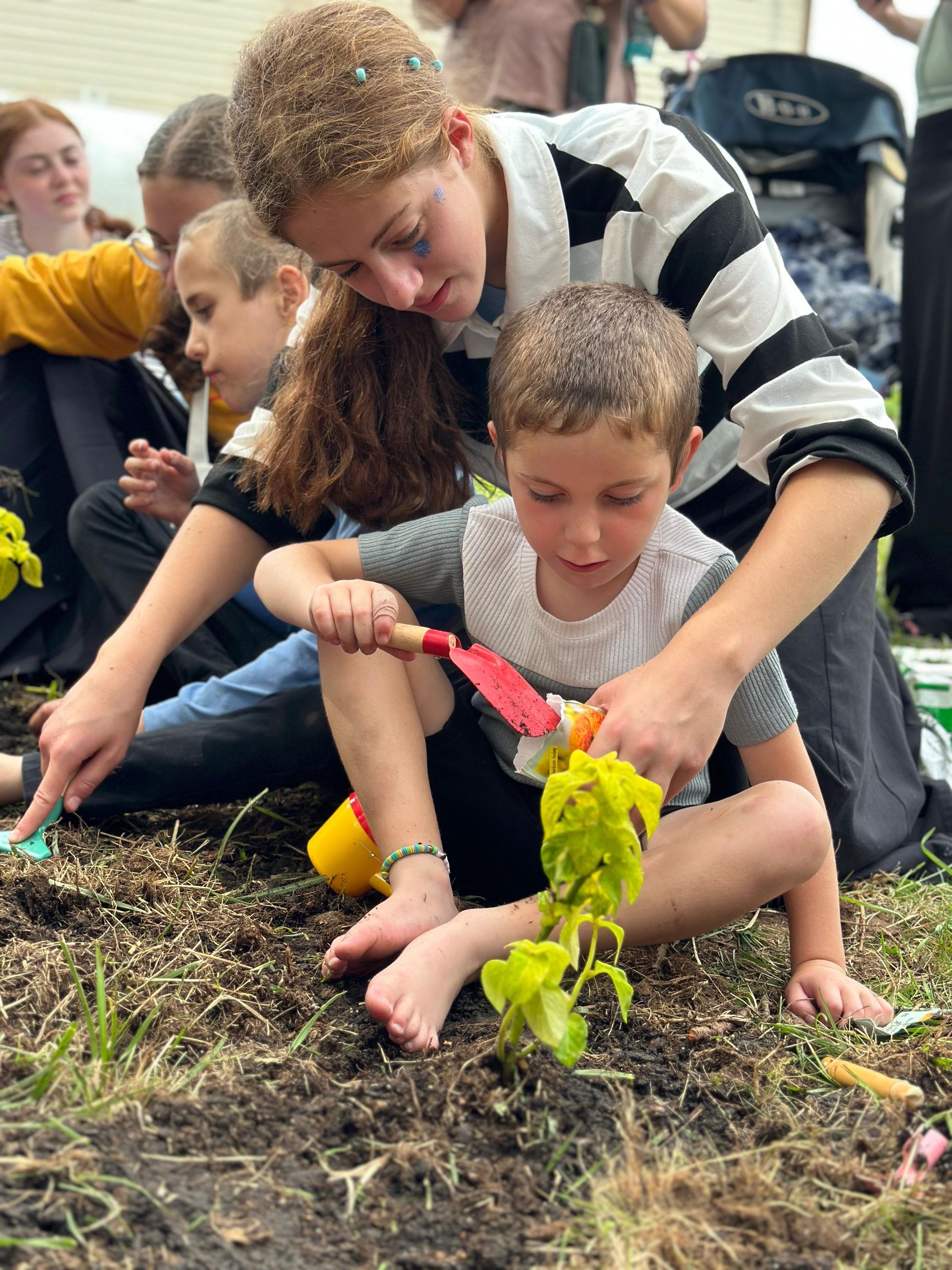 A girl is helping a young boy plant a plant in the dirt.
