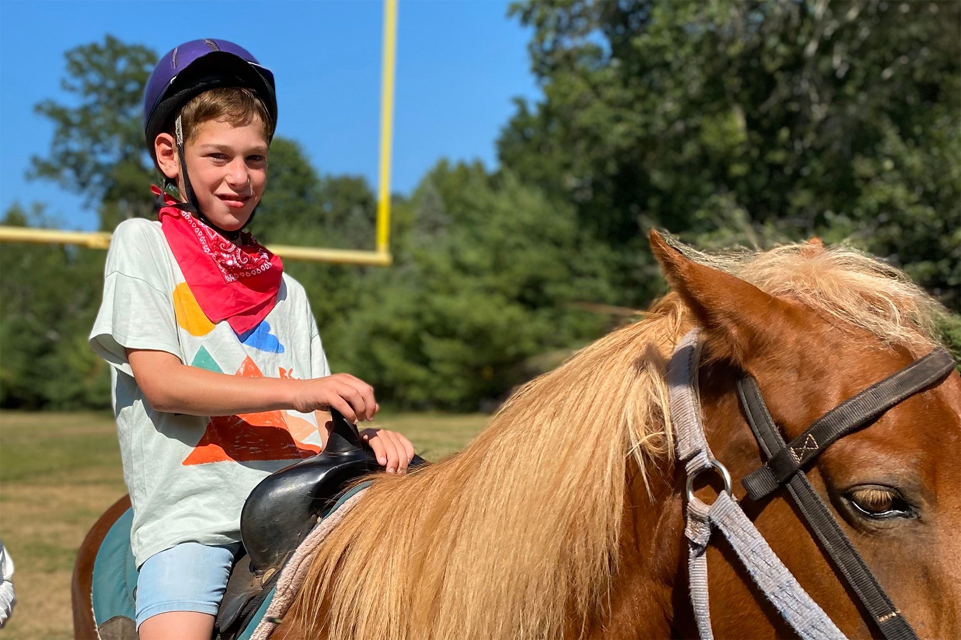 A young boy is riding a pony in a field.