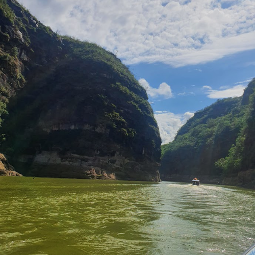 Una pequeña embarcación navega por un pintoresco cañón fluvial flanqueado por altos y escarpados acantilados cubiertos de exuberante vegetación verde.