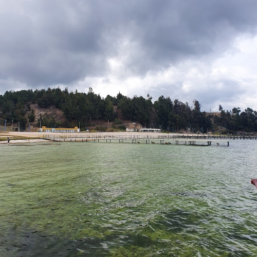 Lago rodeado de montañas y árboles bajo un cielo azul con nubes tenues.
